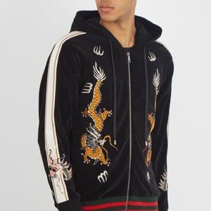 GUCCI Dragon-embroidered Hooded Velvet Sweatshirt